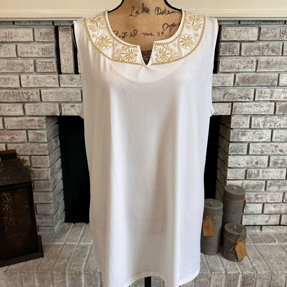 Susan Graver White & Gold Liquid‎ Knit Embroidered Sleeveless Blouse Size XL - Picture 7 of 13